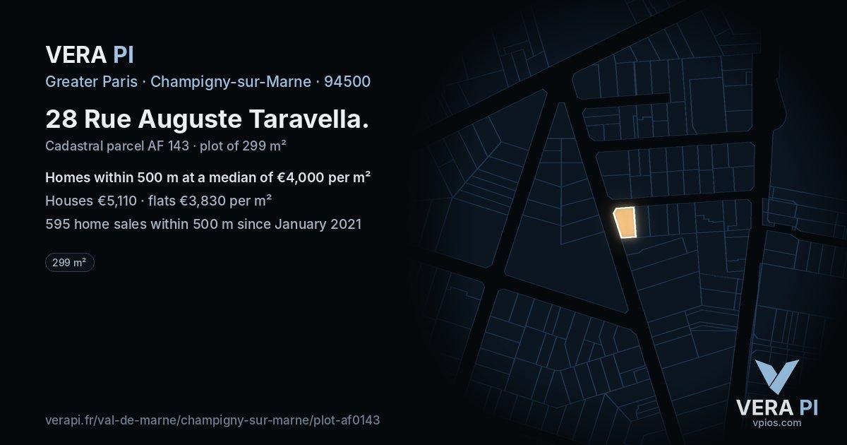 28 Rue Auguste Taravella, Champigny-sur-Marne at night – the plot lit, the parcels around coloured by the prices near them