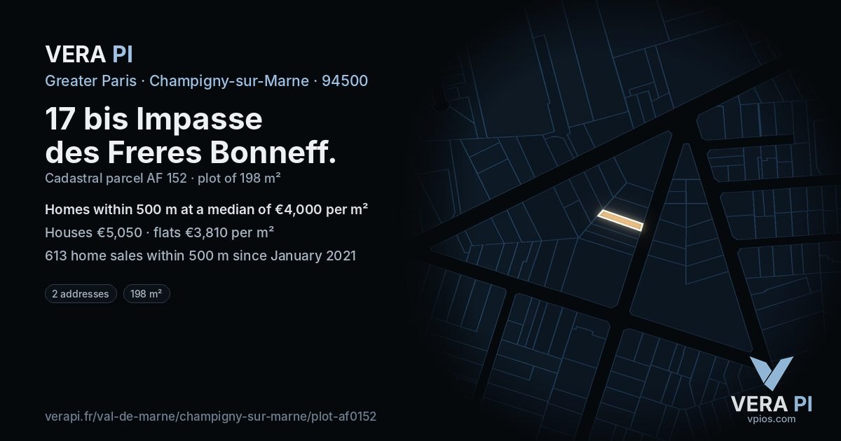 17 bis Impasse des Freres Bonneff, Champigny-sur-Marne at night – the plot lit, the parcels around coloured by the prices near them