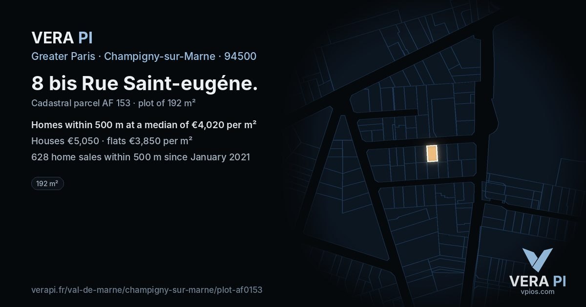 8 bis Rue Saint-eugéne, Champigny-sur-Marne at night – the plot lit, the parcels around coloured by the prices near them