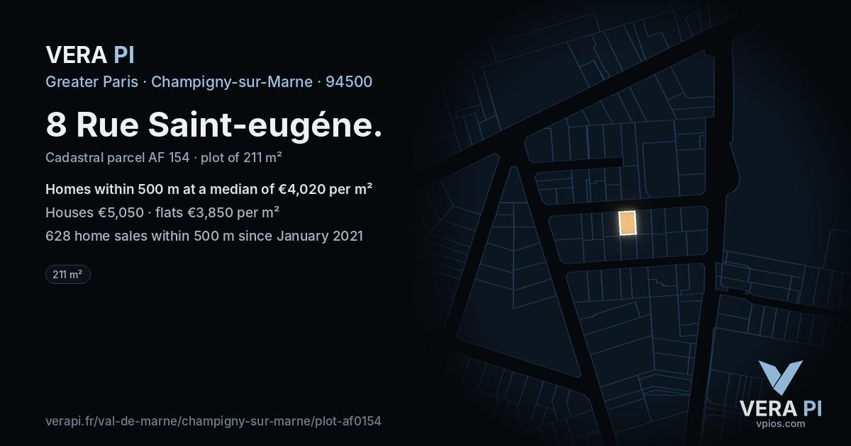 8 Rue Saint-eugéne, Champigny-sur-Marne at night – the plot lit, the parcels around coloured by the prices near them