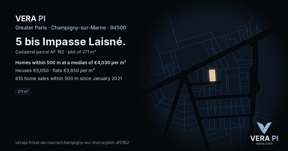5 bis Impasse Laisné, Champigny-sur-Marne at night – the plot lit, the parcels around coloured by the prices near them