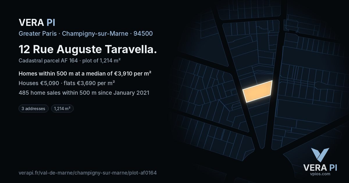 12 Rue Auguste Taravella, Champigny-sur-Marne at night – the plot lit, the parcels around coloured by the prices near them