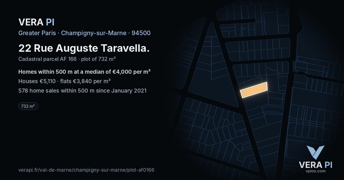 22 Rue Auguste Taravella, Champigny-sur-Marne at night – the plot lit, the parcels around coloured by the prices near them