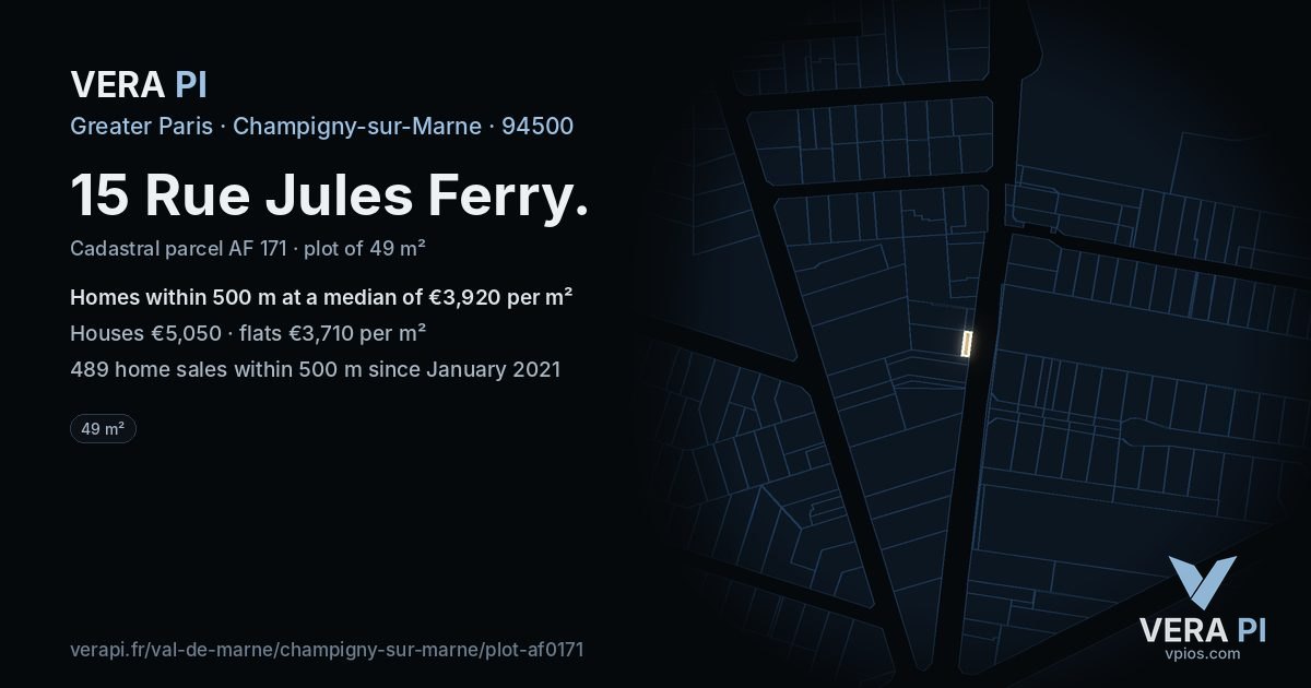 15 Rue Jules Ferry, Champigny-sur-Marne at night – the plot lit, the parcels around coloured by the prices near them