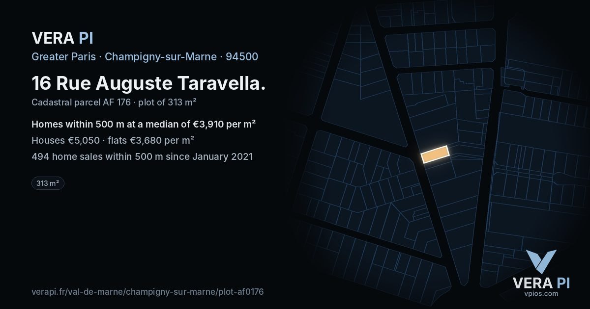 16 Rue Auguste Taravella, Champigny-sur-Marne at night – the plot lit, the parcels around coloured by the prices near them