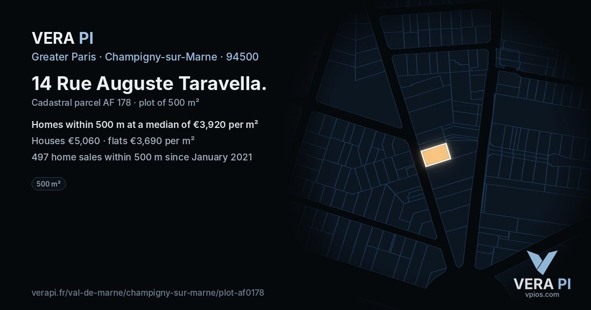 14 Rue Auguste Taravella, Champigny-sur-Marne at night – the plot lit, the parcels around coloured by the prices near them