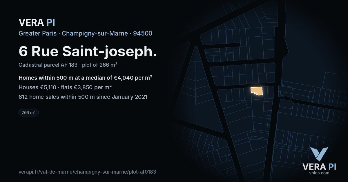 6 Rue Saint-joseph, Champigny-sur-Marne at night – the plot lit, the parcels around coloured by the prices near them