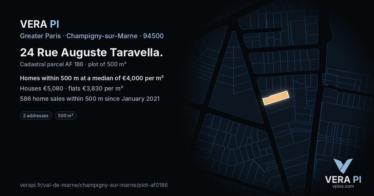 24 Rue Auguste Taravella, Champigny-sur-Marne at night – the plot lit, the parcels around coloured by the prices near them