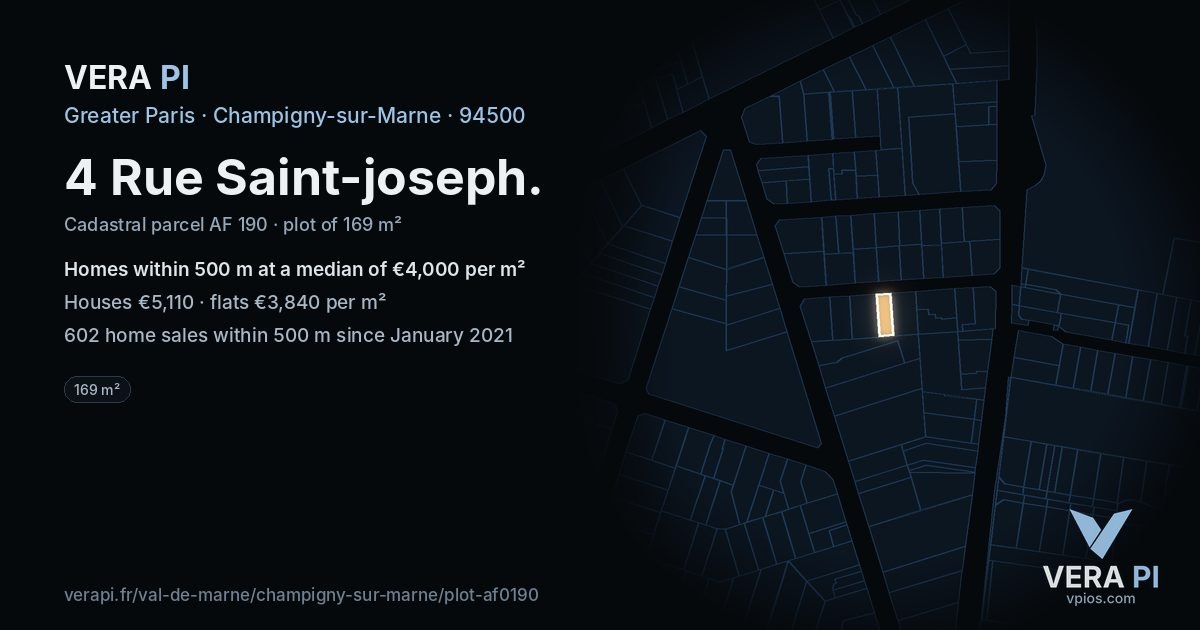 4 Rue Saint-joseph, Champigny-sur-Marne at night – the plot lit, the parcels around coloured by the prices near them