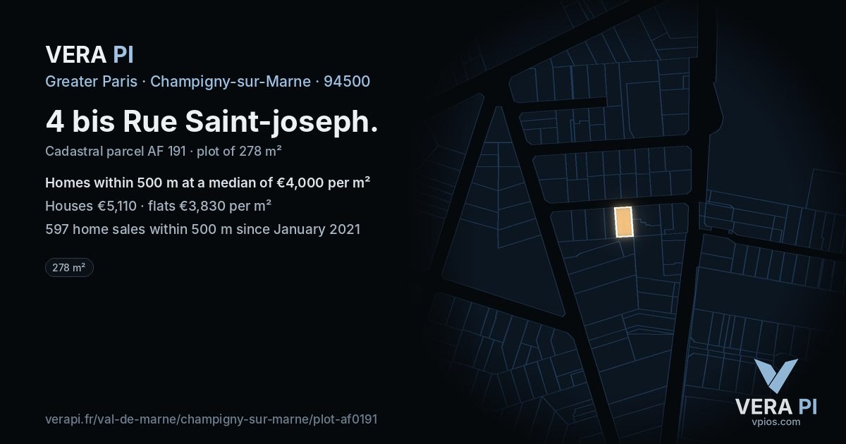 4 bis Rue Saint-joseph, Champigny-sur-Marne at night – the plot lit, the parcels around coloured by the prices near them