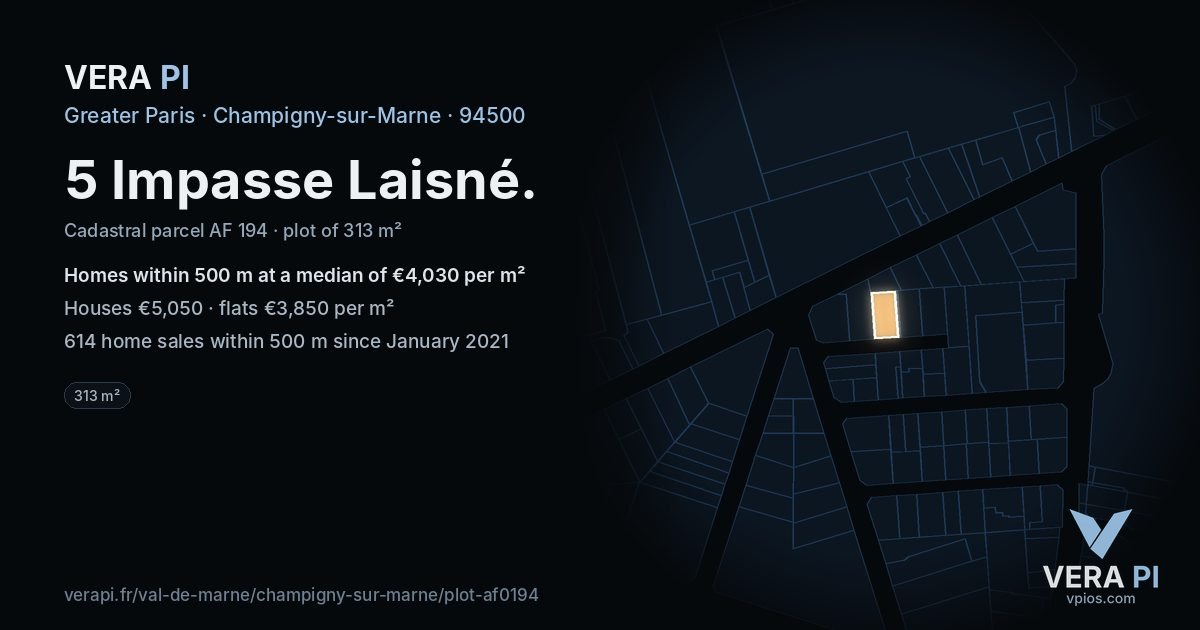5 Impasse Laisné, Champigny-sur-Marne at night – the plot lit, the parcels around coloured by the prices near them