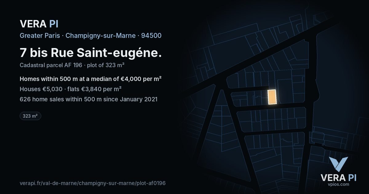 7 bis Rue Saint-eugéne, Champigny-sur-Marne at night – the plot lit, the parcels around coloured by the prices near them