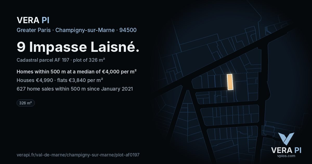 9 Impasse Laisné, Champigny-sur-Marne at night – the plot lit, the parcels around coloured by the prices near them