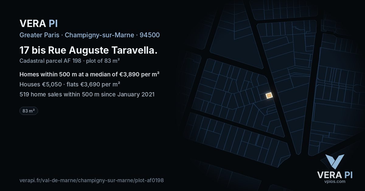 17 bis Rue Auguste Taravella, Champigny-sur-Marne at night – the plot lit, the parcels around coloured by the prices near them
