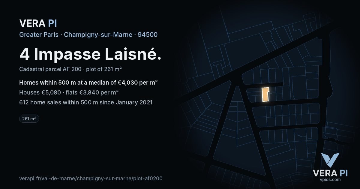 4 Impasse Laisné, Champigny-sur-Marne at night – the plot lit, the parcels around coloured by the prices near them