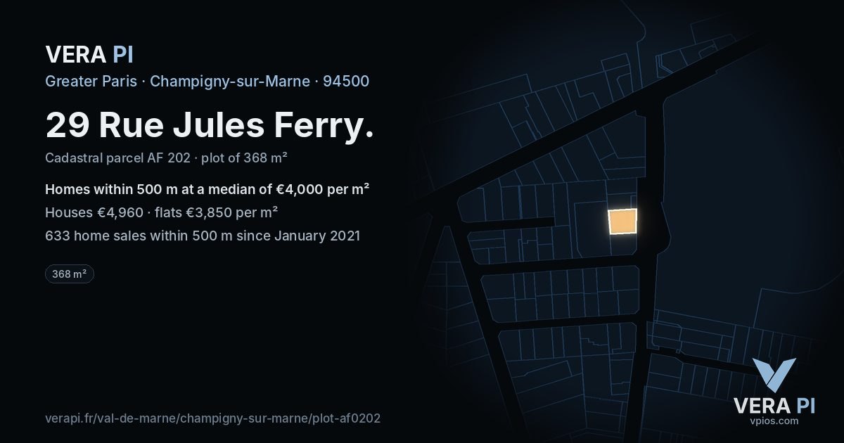29 Rue Jules Ferry, Champigny-sur-Marne at night – the plot lit, the parcels around coloured by the prices near them