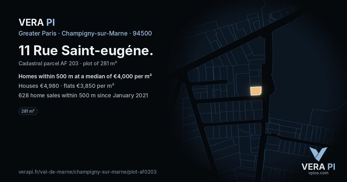 11 Rue Saint-eugéne, Champigny-sur-Marne at night – the plot lit, the parcels around coloured by the prices near them