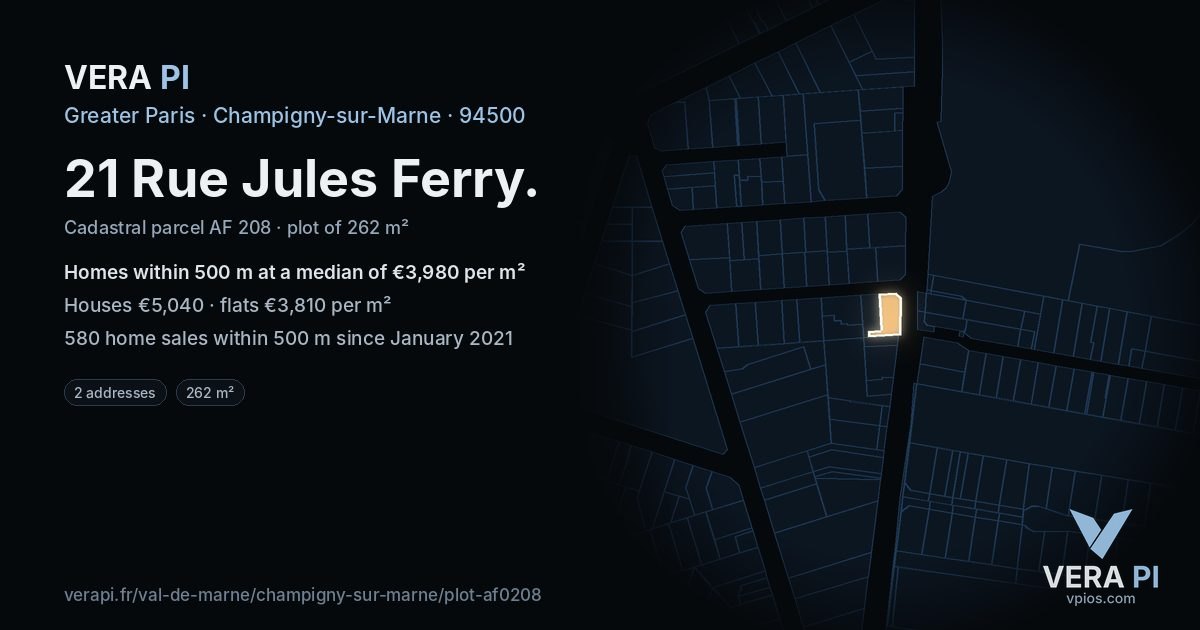21 Rue Jules Ferry, Champigny-sur-Marne at night – the plot lit, the parcels around coloured by the prices near them