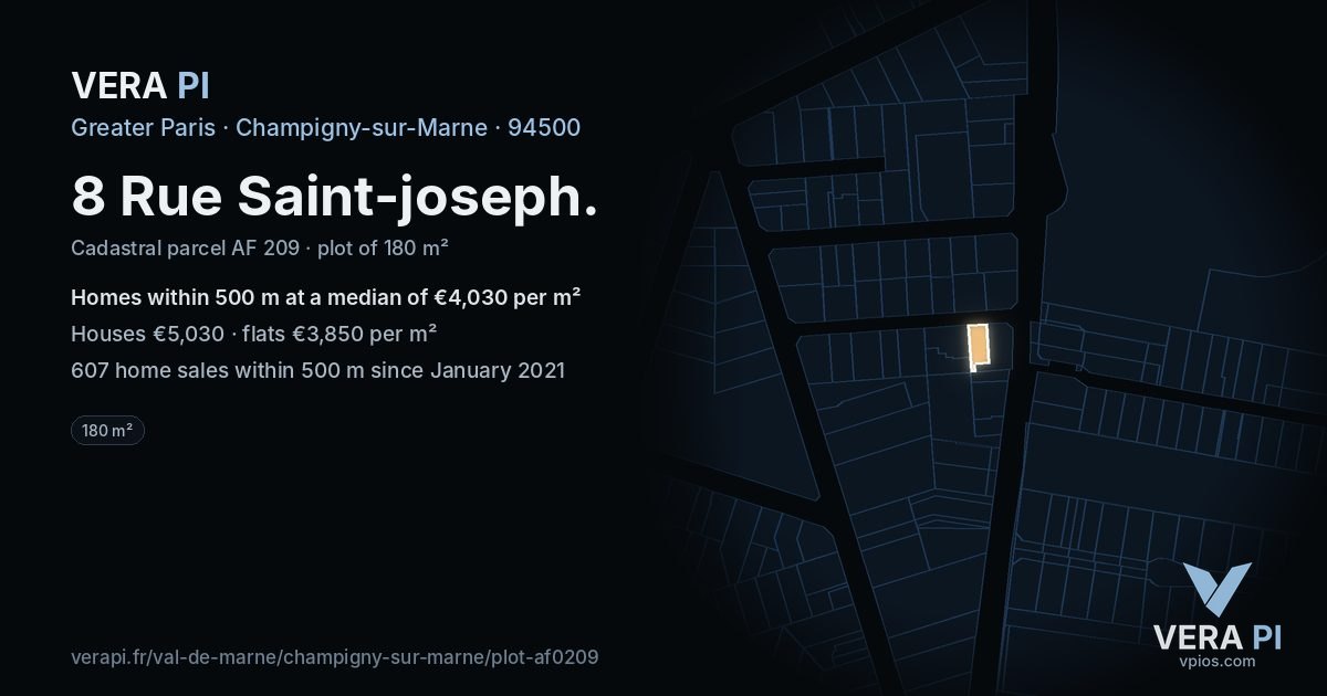 8 Rue Saint-joseph, Champigny-sur-Marne at night – the plot lit, the parcels around coloured by the prices near them
