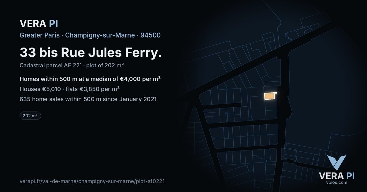 33 bis Rue Jules Ferry, Champigny-sur-Marne at night – the plot lit, the parcels around coloured by the prices near them
