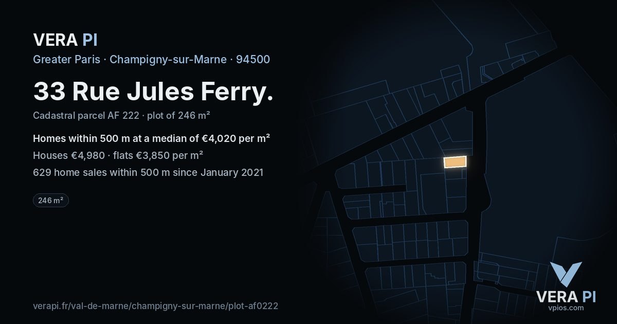 33 Rue Jules Ferry, Champigny-sur-Marne at night – the plot lit, the parcels around coloured by the prices near them