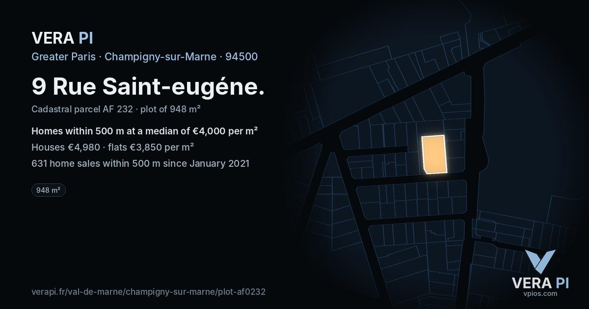 9 Rue Saint-eugéne, Champigny-sur-Marne at night – the plot lit, the parcels around coloured by the prices near them