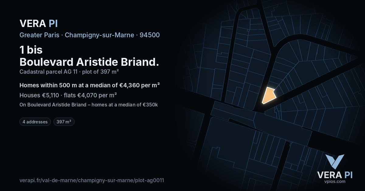 1 bis Boulevard Aristide Briand, Champigny-sur-Marne at night – the plot lit, the parcels around coloured by the prices near them