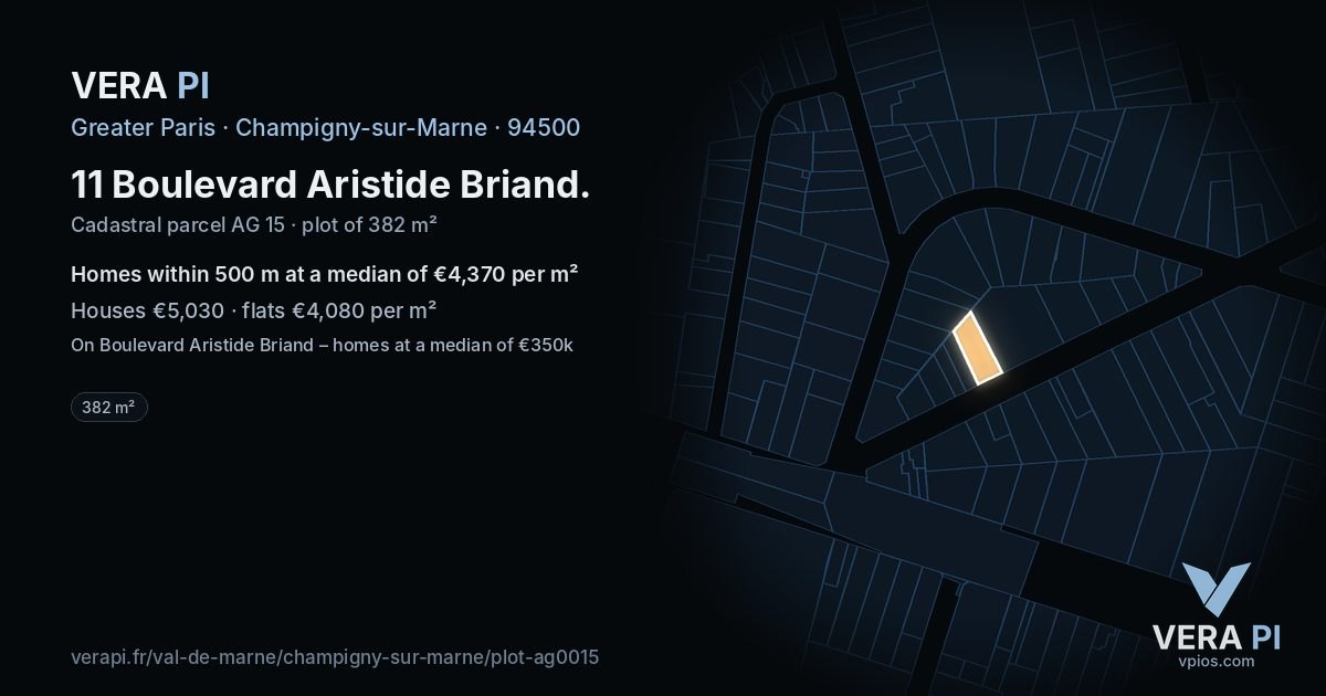 11 Boulevard Aristide Briand, Champigny-sur-Marne at night – the plot lit, the parcels around coloured by the prices near them