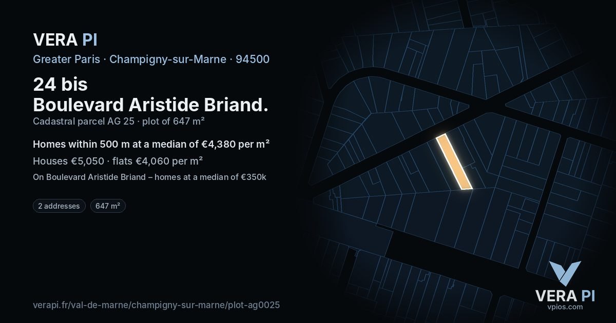 24 bis Boulevard Aristide Briand, Champigny-sur-Marne at night – the plot lit, the parcels around coloured by the prices near them