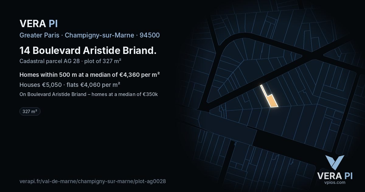 14 Boulevard Aristide Briand, Champigny-sur-Marne at night – the plot lit, the parcels around coloured by the prices near them