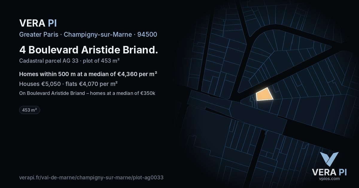 4 Boulevard Aristide Briand, Champigny-sur-Marne at night – the plot lit, the parcels around coloured by the prices near them