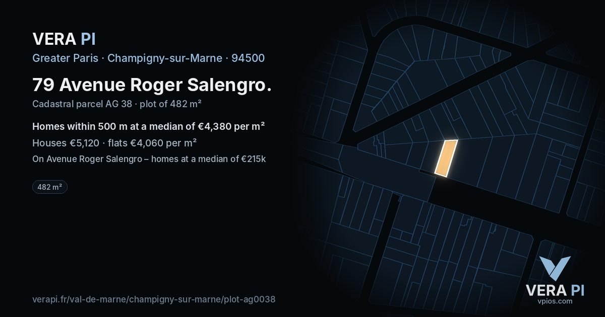 79 Avenue Roger Salengro, Champigny-sur-Marne at night – the plot lit, the parcels around coloured by the prices near them