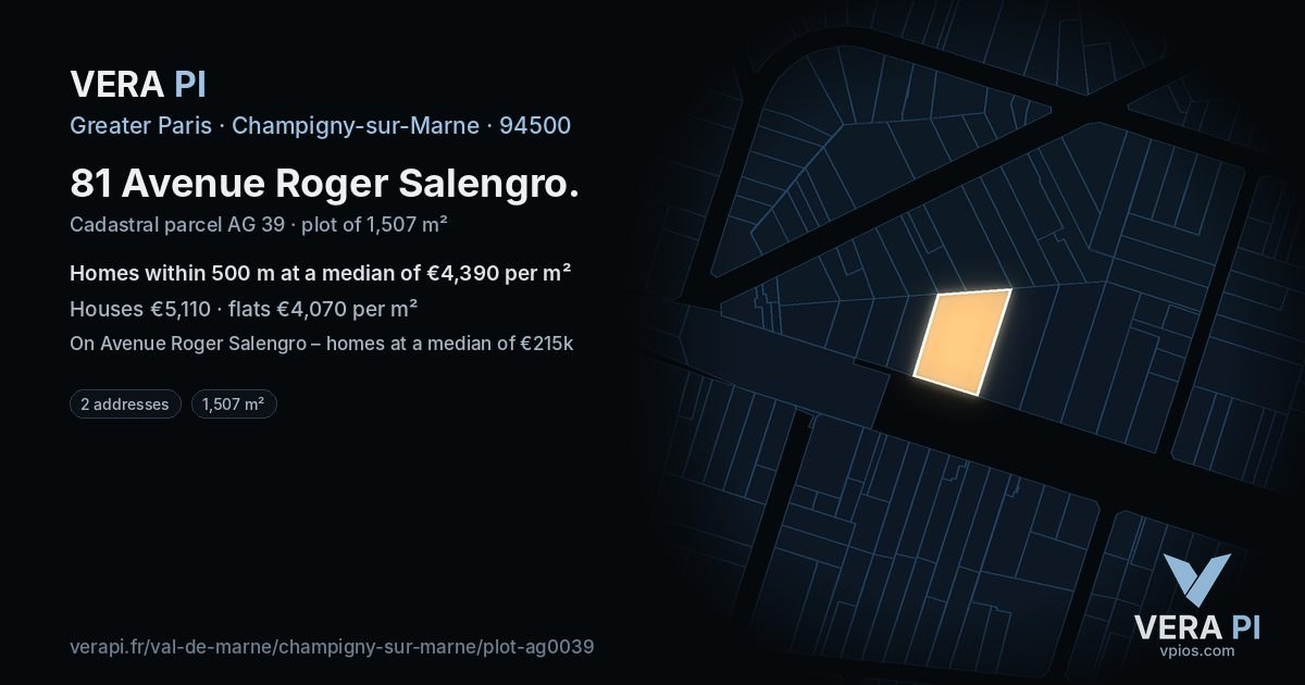 81 Avenue Roger Salengro, Champigny-sur-Marne at night – the plot lit, the parcels around coloured by the prices near them