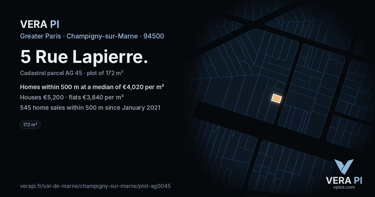 5 Rue Lapierre, Champigny-sur-Marne at night – the plot lit, the parcels around coloured by the prices near them