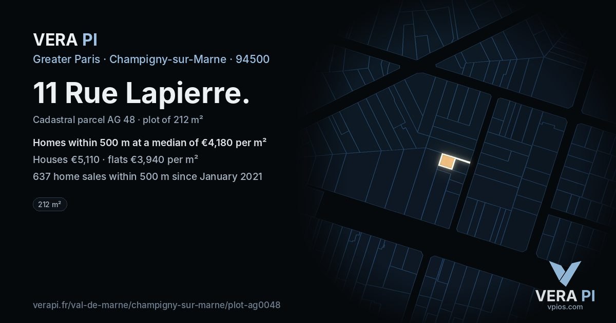 11 Rue Lapierre, Champigny-sur-Marne at night – the plot lit, the parcels around coloured by the prices near them