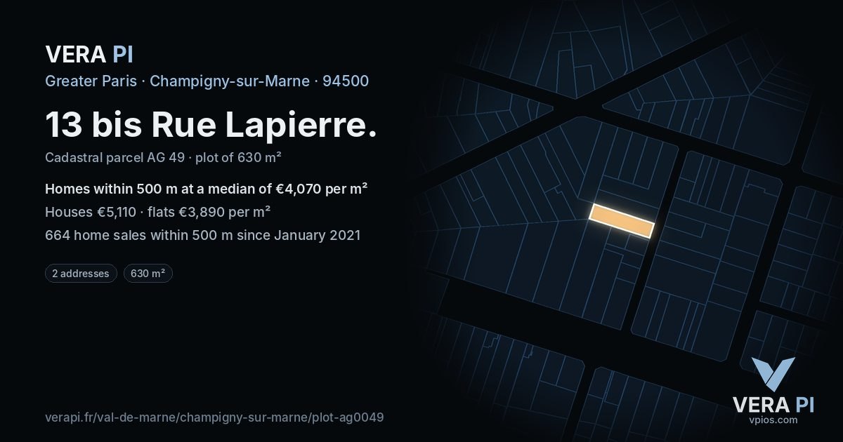 13 bis Rue Lapierre, Champigny-sur-Marne at night – the plot lit, the parcels around coloured by the prices near them