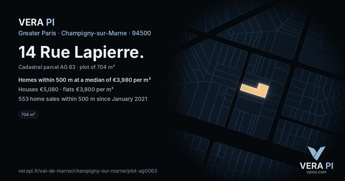 14 Rue Lapierre, Champigny-sur-Marne at night – the plot lit, the parcels around coloured by the prices near them