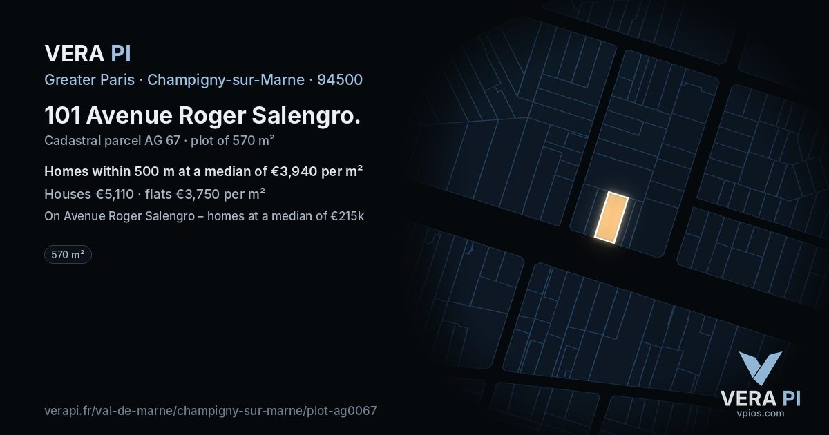 101 Avenue Roger Salengro, Champigny-sur-Marne at night – the plot lit, the parcels around coloured by the prices near them