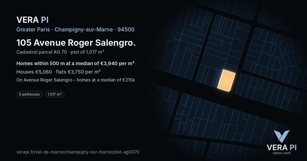 105 Avenue Roger Salengro, Champigny-sur-Marne at night – the plot lit, the parcels around coloured by the prices near them