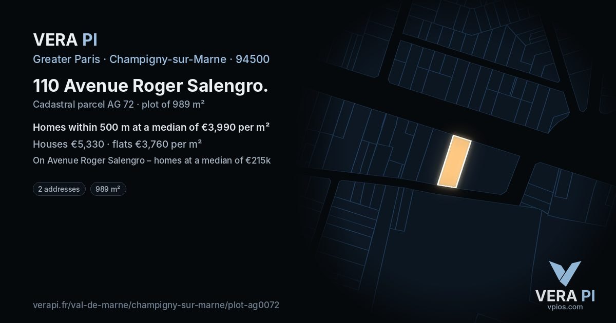 110 Avenue Roger Salengro, Champigny-sur-Marne at night – the plot lit, the parcels around coloured by the prices near them