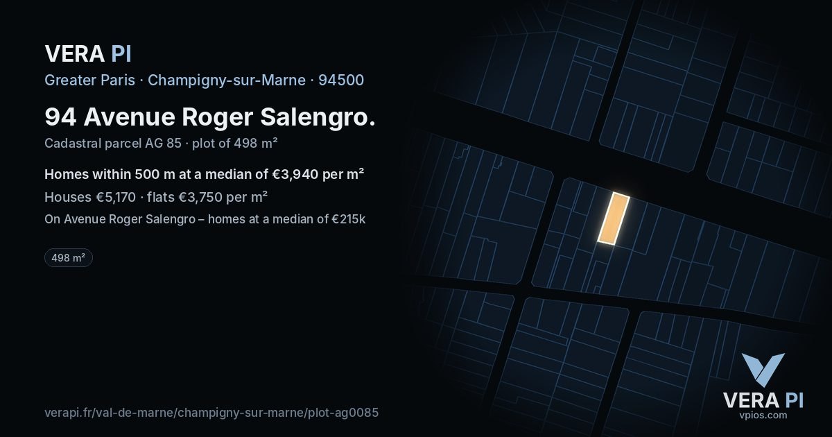 94 Avenue Roger Salengro, Champigny-sur-Marne at night – the plot lit, the parcels around coloured by the prices near them
