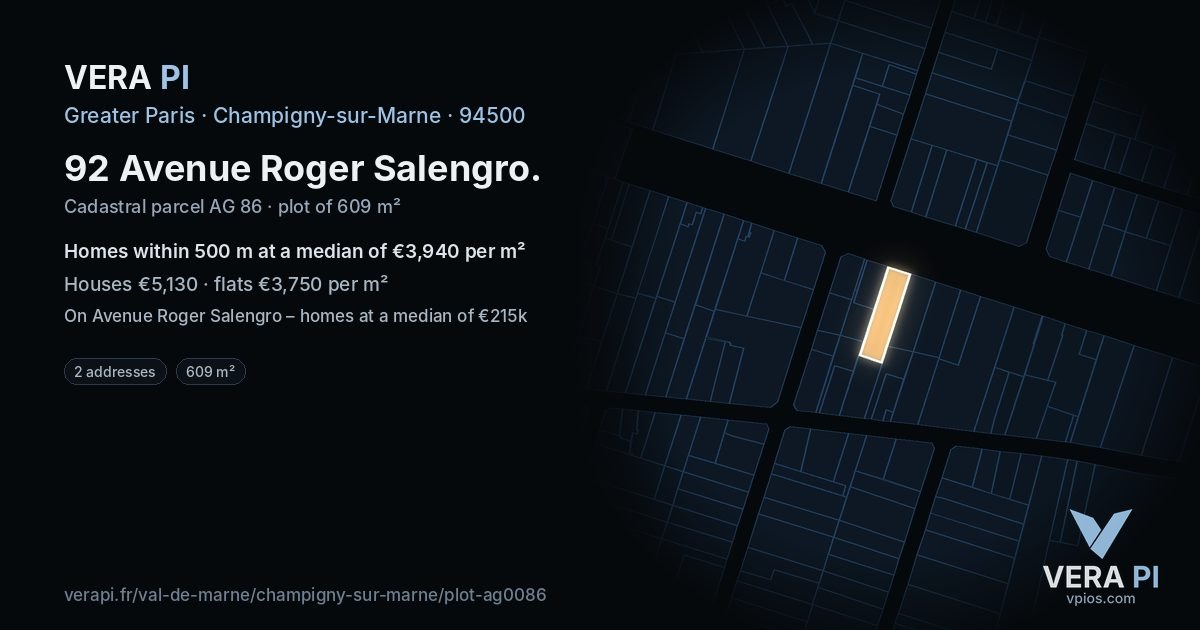 92 Avenue Roger Salengro, Champigny-sur-Marne at night – the plot lit, the parcels around coloured by the prices near them