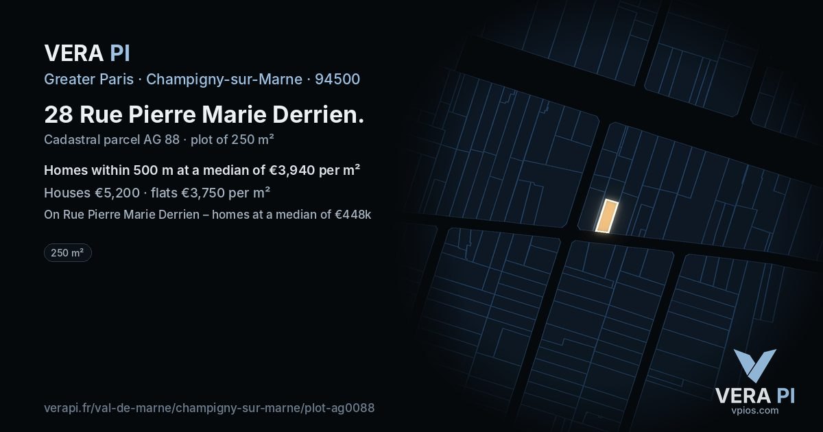28 Rue Pierre Marie Derrien, Champigny-sur-Marne at night – the plot lit, the parcels around coloured by the prices near them
