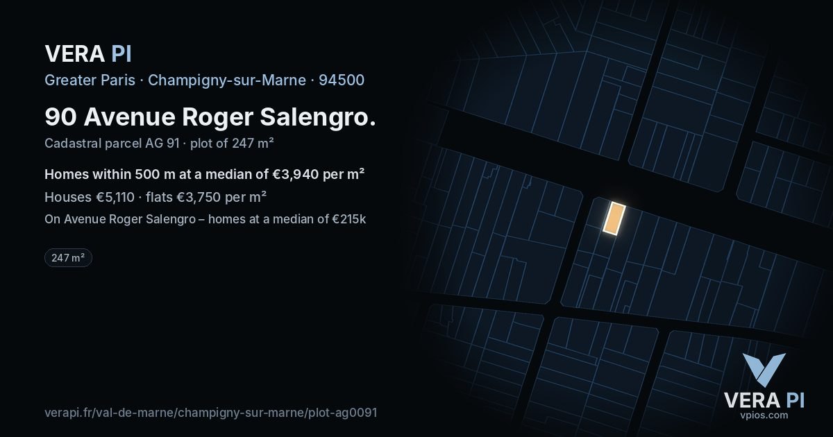 90 Avenue Roger Salengro, Champigny-sur-Marne at night – the plot lit, the parcels around coloured by the prices near them