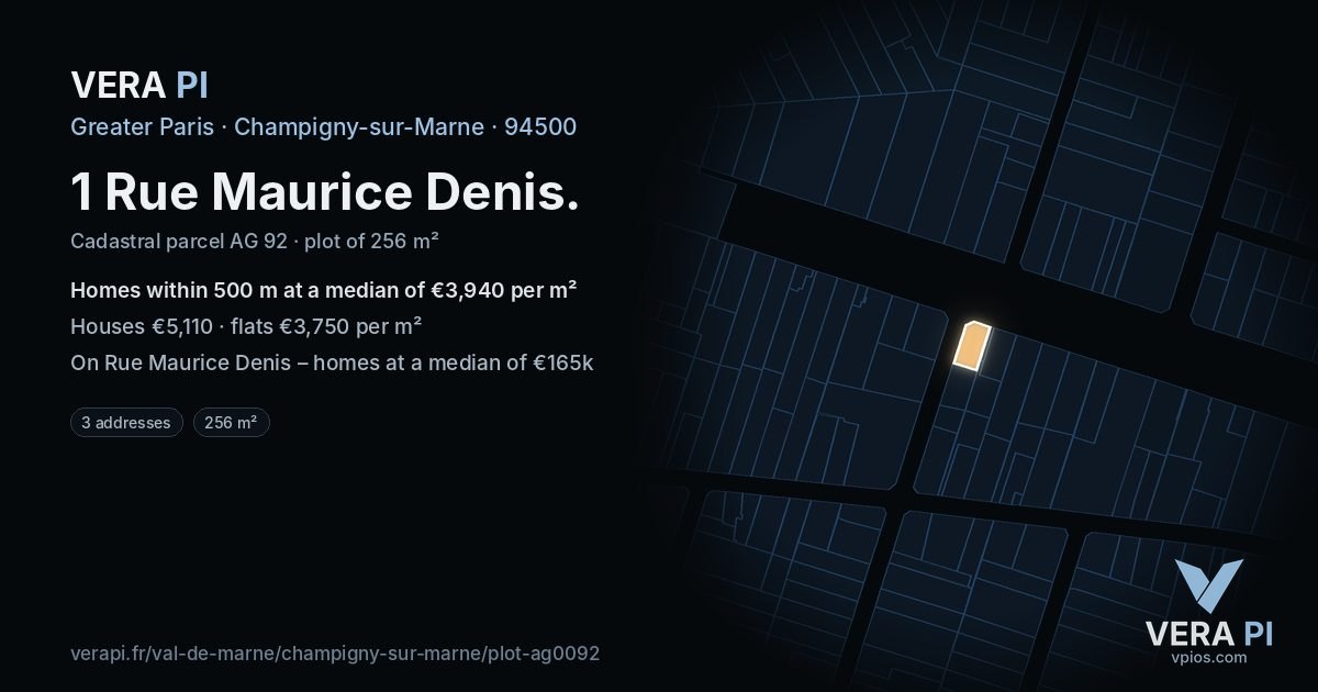 1 Rue Maurice Denis, Champigny-sur-Marne at night – the plot lit, the parcels around coloured by the prices near them