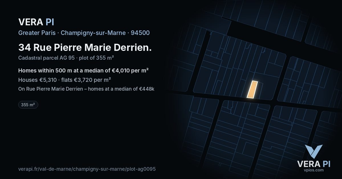 34 Rue Pierre Marie Derrien, Champigny-sur-Marne at night – the plot lit, the parcels around coloured by the prices near them