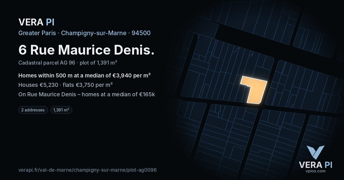 6 Rue Maurice Denis, Champigny-sur-Marne at night – the plot lit, the parcels around coloured by the prices near them