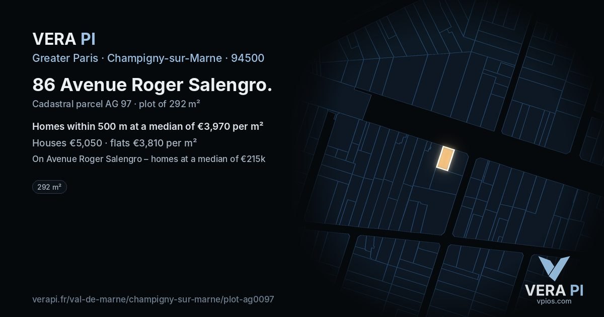 86 Avenue Roger Salengro, Champigny-sur-Marne at night – the plot lit, the parcels around coloured by the prices near them