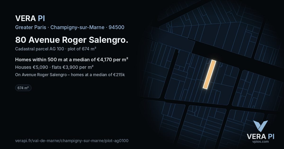 80 Avenue Roger Salengro, Champigny-sur-Marne at night – the plot lit, the parcels around coloured by the prices near them