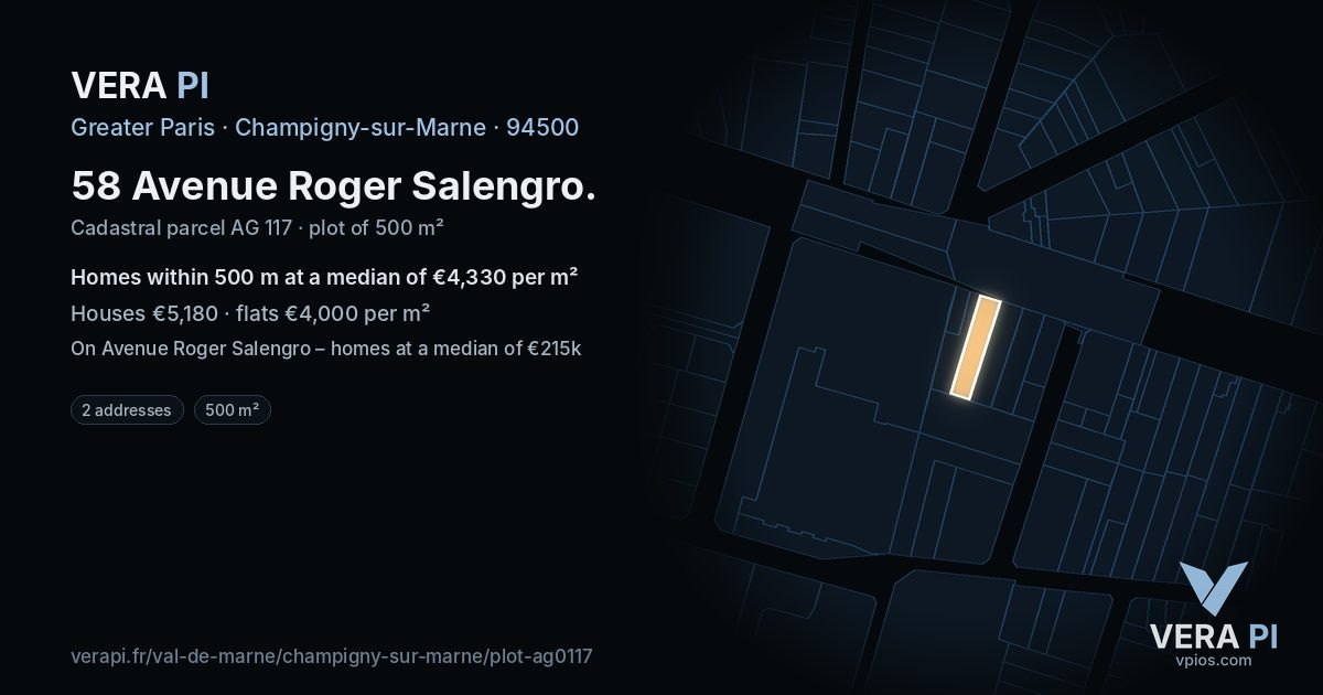 58 Avenue Roger Salengro, Champigny-sur-Marne at night – the plot lit, the parcels around coloured by the prices near them